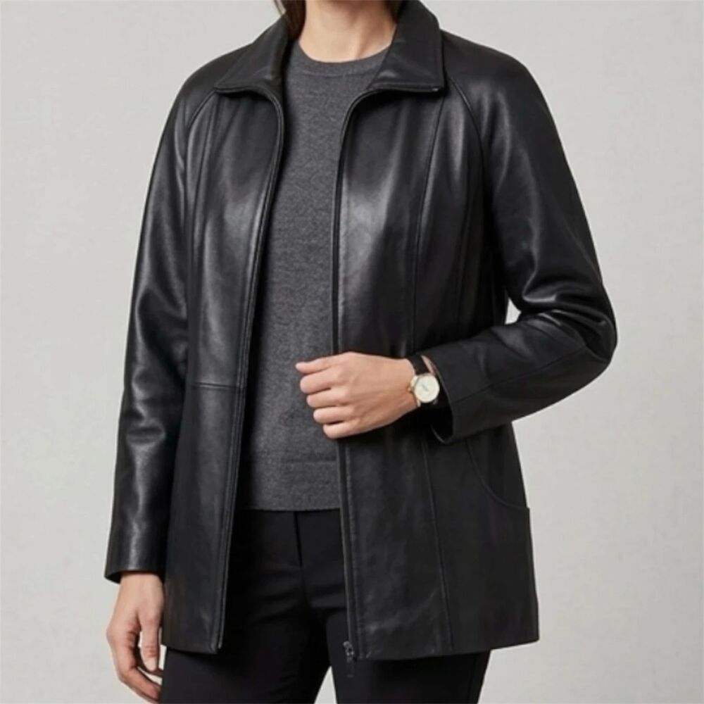 Portrait Leather Jacket Womens 1X Black Zippered Pockets Soft Lined Mid Length